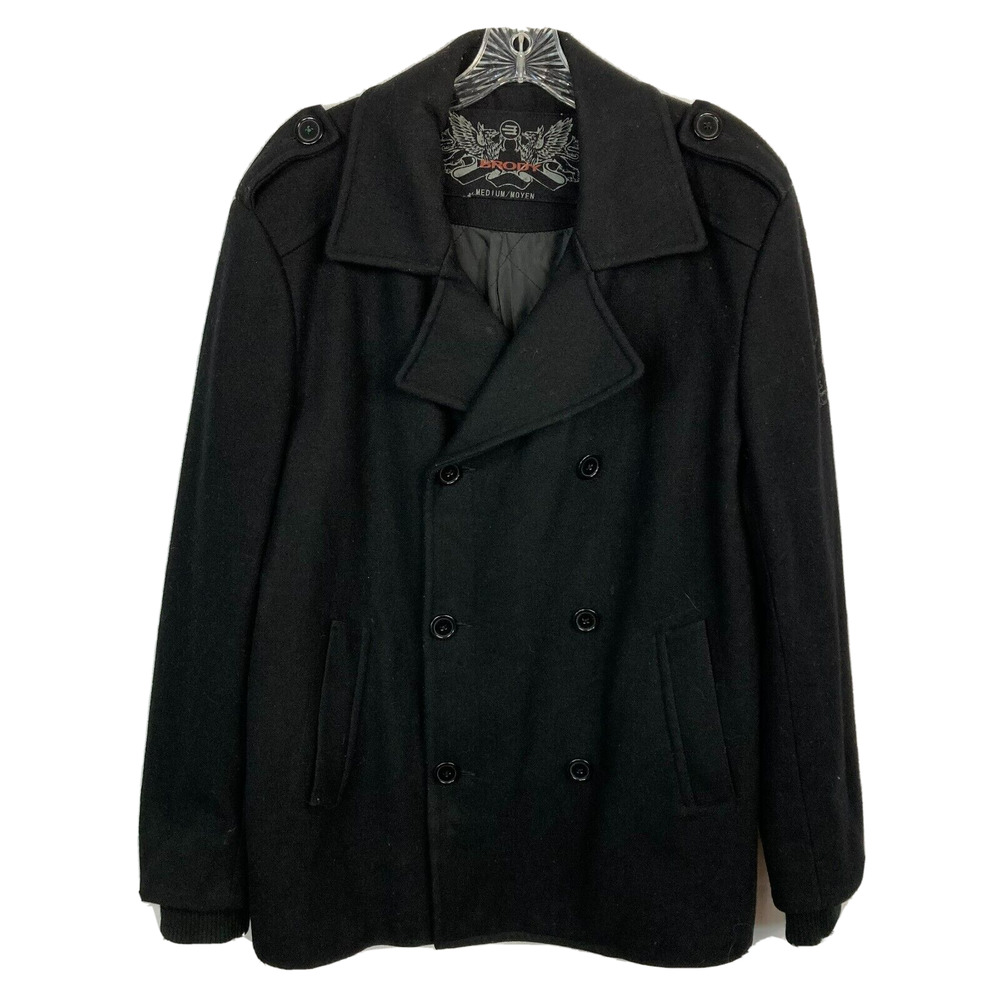 Brody Coat Mens Sz‎ M Black Wool Buttoned Lined Military Pea Pockets Logo